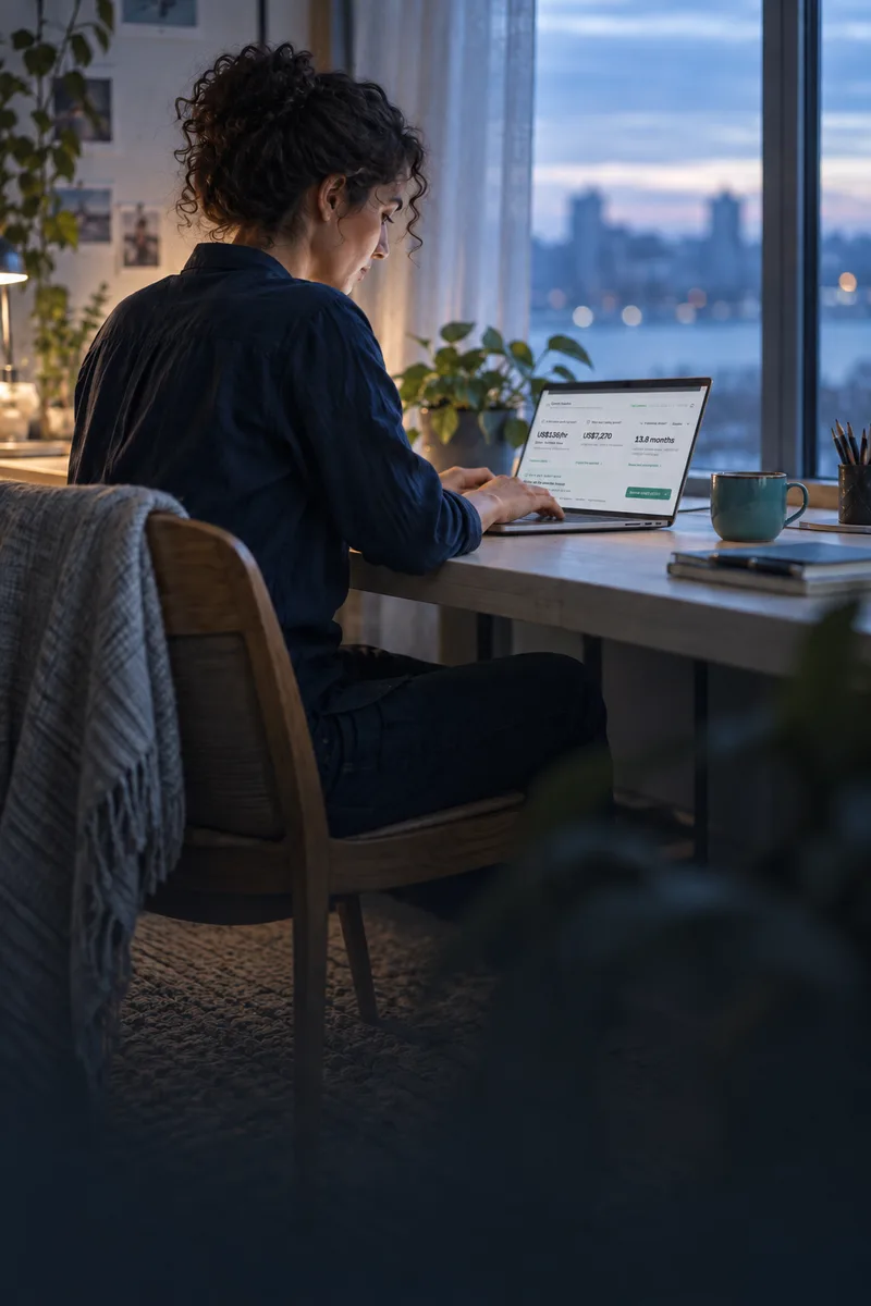 Illustrative scene of a freelance developer reviewing LancerOS at her desk.