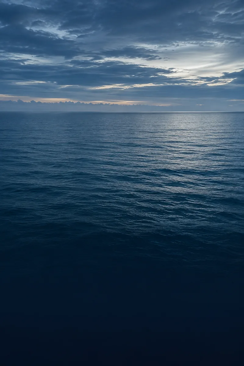 A quiet blue-hour sea horizon behind the financial runway illustration.