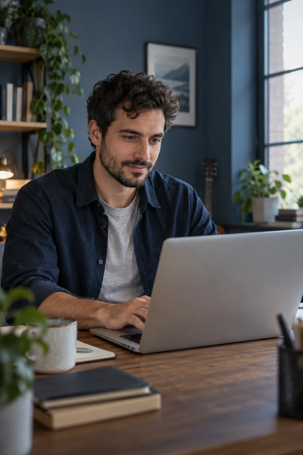 Illustrative scene of an independent developer working alone at his personal studio desk.